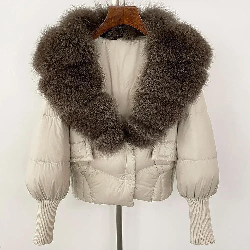Winter girls jacket with real raccoon fox fur loose fit coat