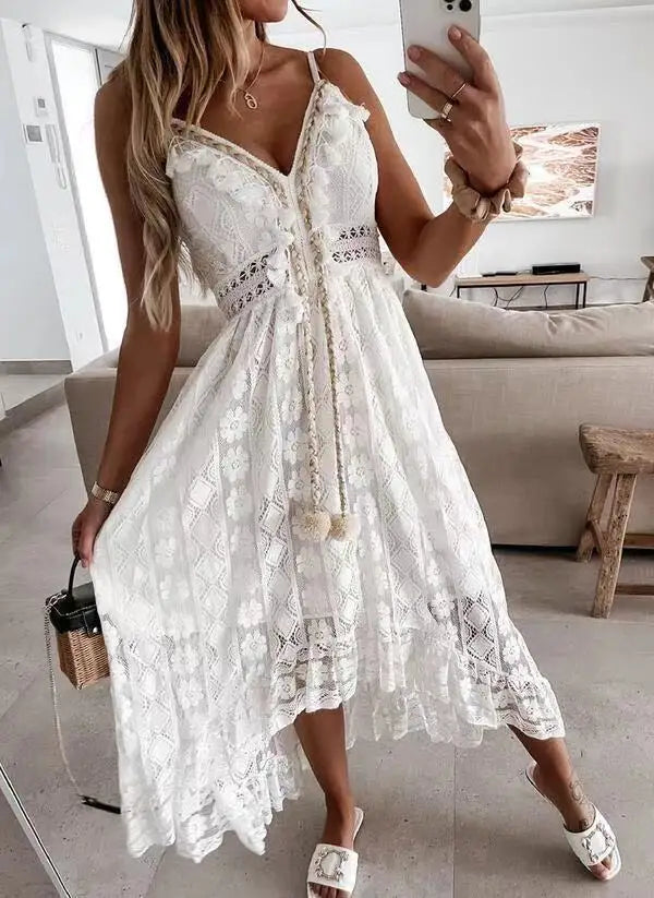 Boho style girl dress white cotton lace sleeveless long summer