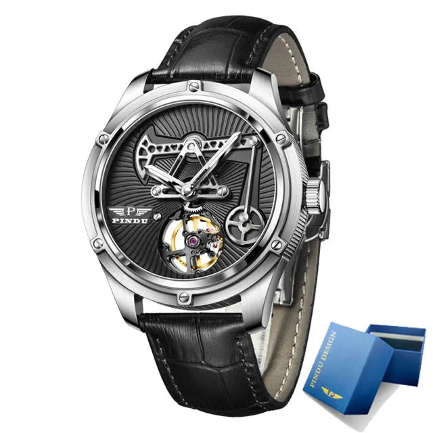 Men leather mechanical watch auto movement, sapphire glass