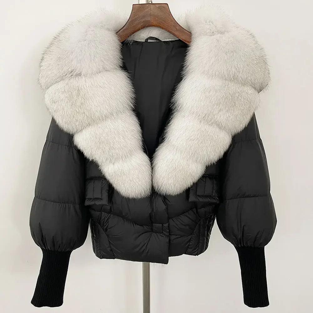 Winter girls jacket with real raccoon fox fur loose fit coat