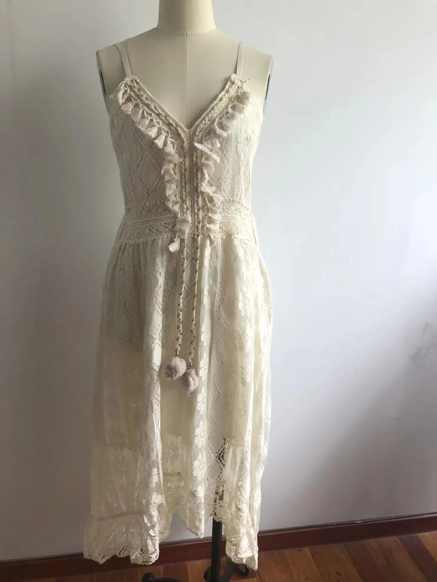 Boho style girl dress white cotton lace sleeveless long summer