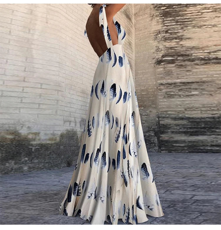 Backless women floral high waist large swing sleeveless long dresse