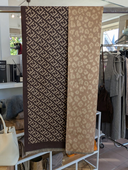 Schal Wendeschal Fendi Stil Leo Muster Braun Gold mit Fransen 80% Viskose 20% Wolle