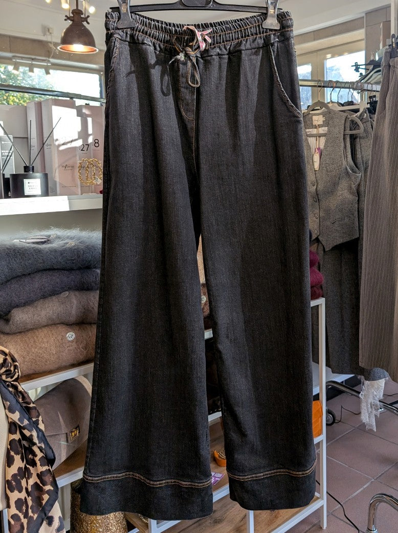 Hose Jeans Baggy Wide Leg Gummizug Schwarz mit kupferfarbenen Nähten One Size - von BELIEVE