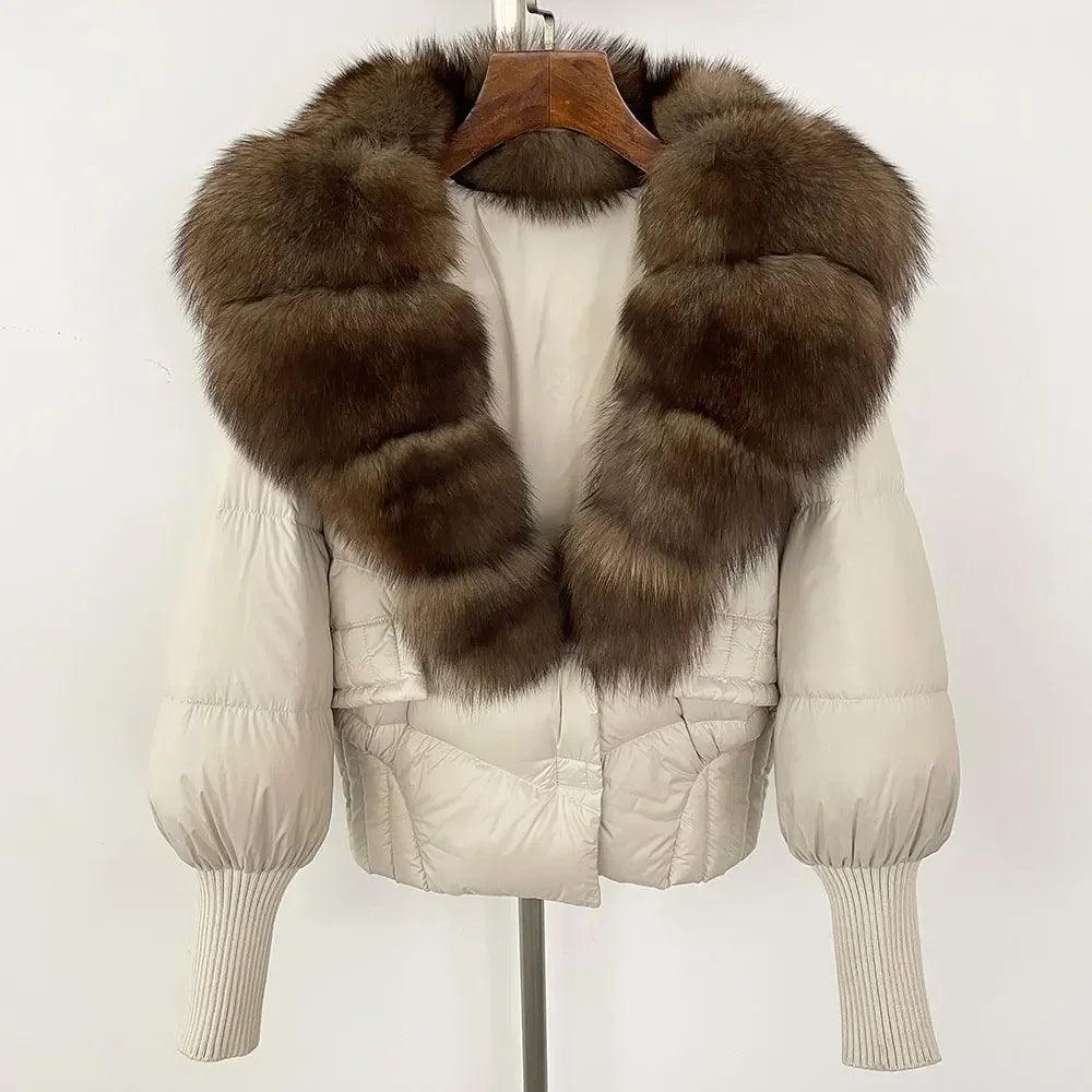 Winter girls jacket with real raccoon fox fur loose fit coat