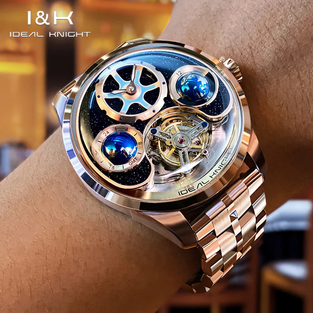 IDEAL KNIGHT blue earth tourbillon watch luxury skeleton automatic timepiece