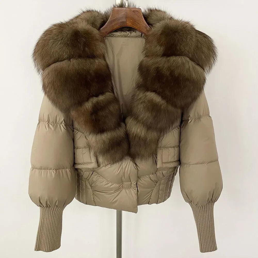 Winter girls jacket with real raccoon fox fur loose fit coat
