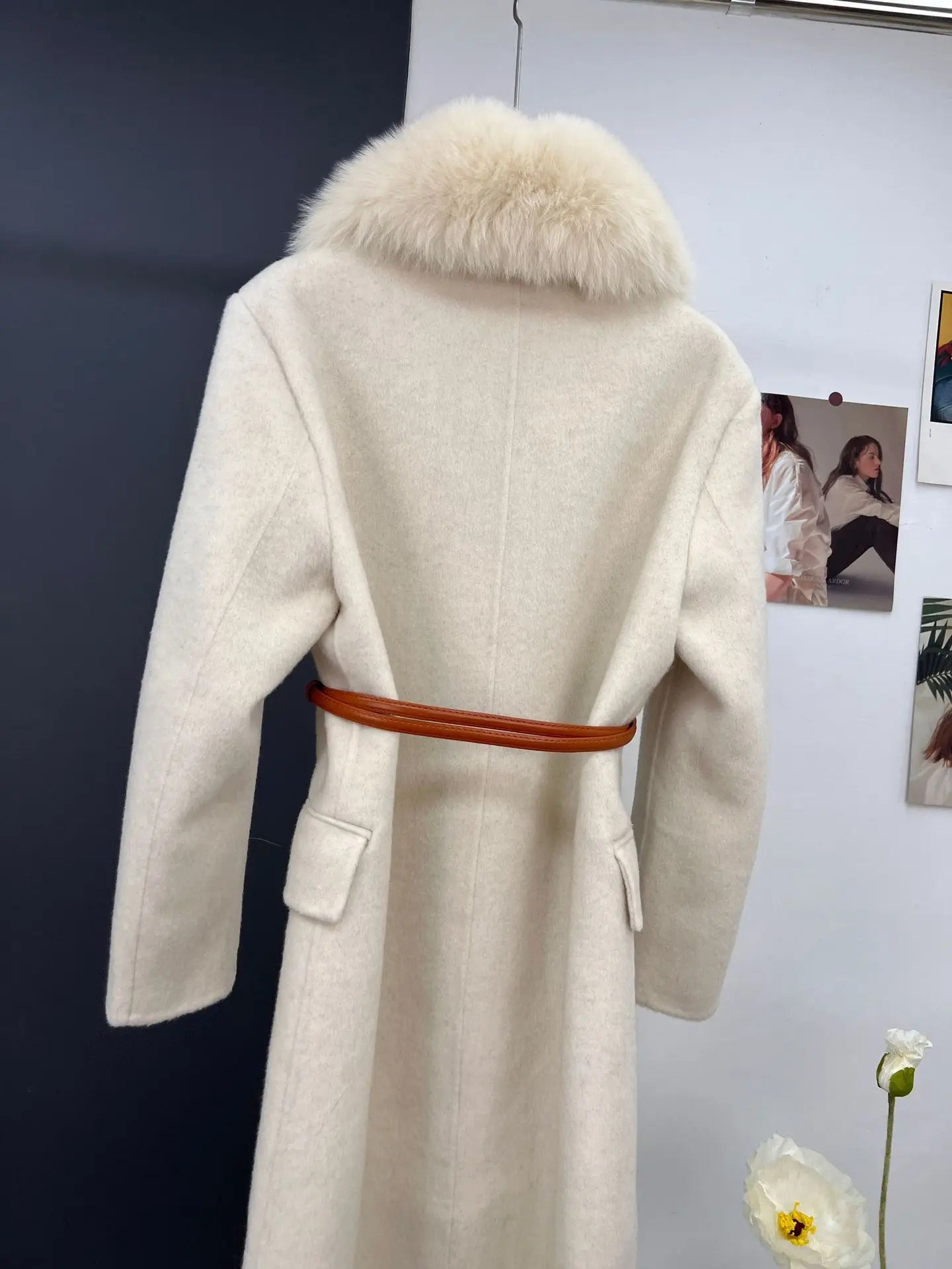 women's luxury wool coat  long patchwork design with detachable fox fur