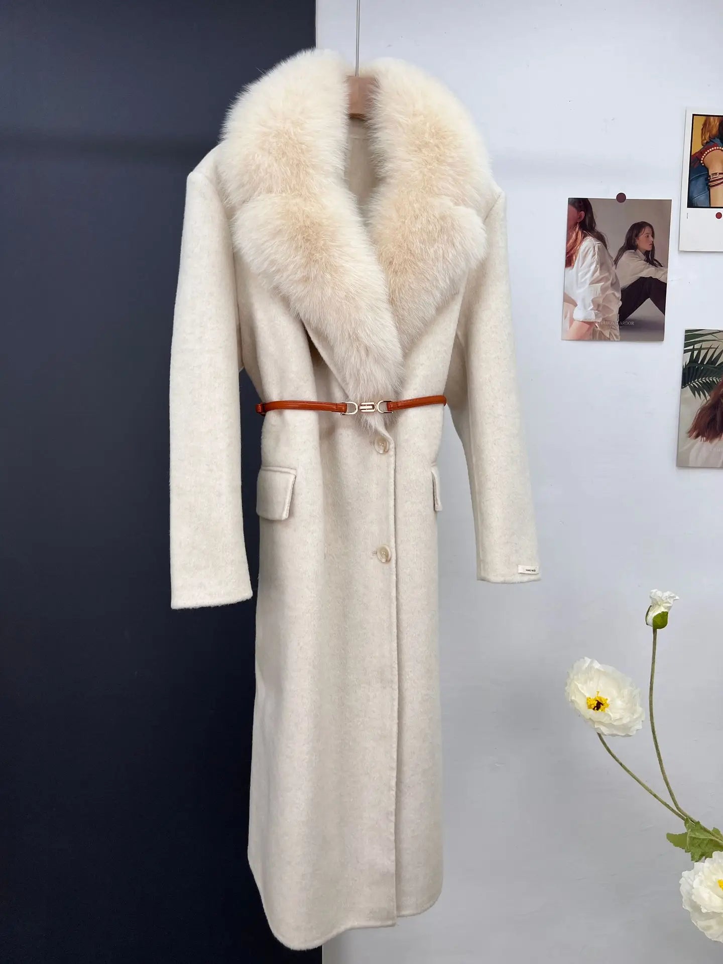 women's luxury wool coat  long patchwork design with detachable fox fur