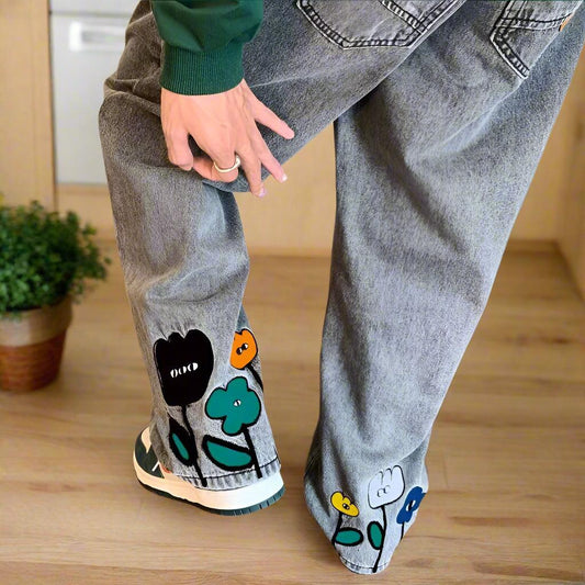 Flower baggy jeans streetwear casual denim wide-leg straight trousers