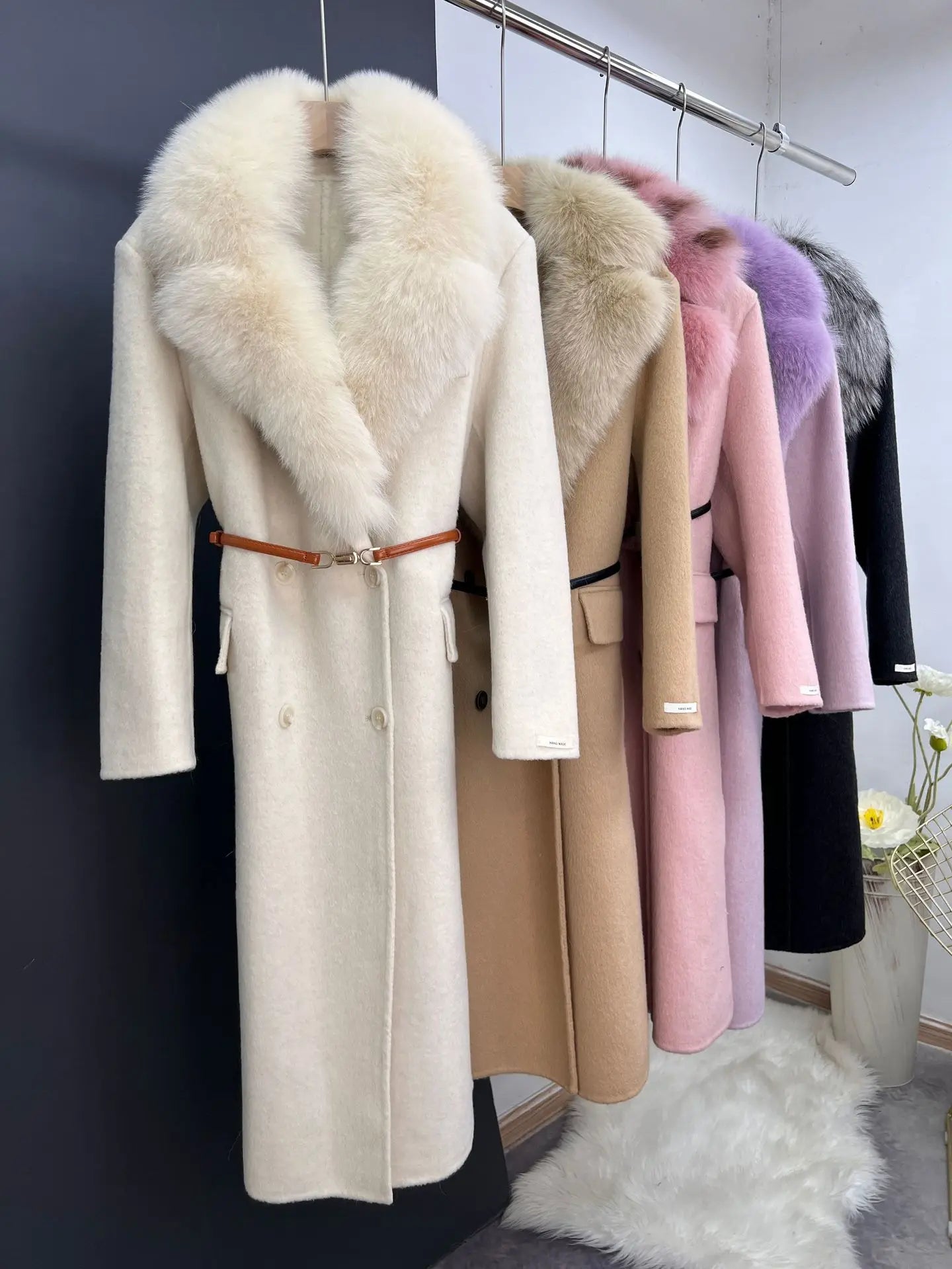 women's luxury wool coat  long patchwork design with detachable fox fur