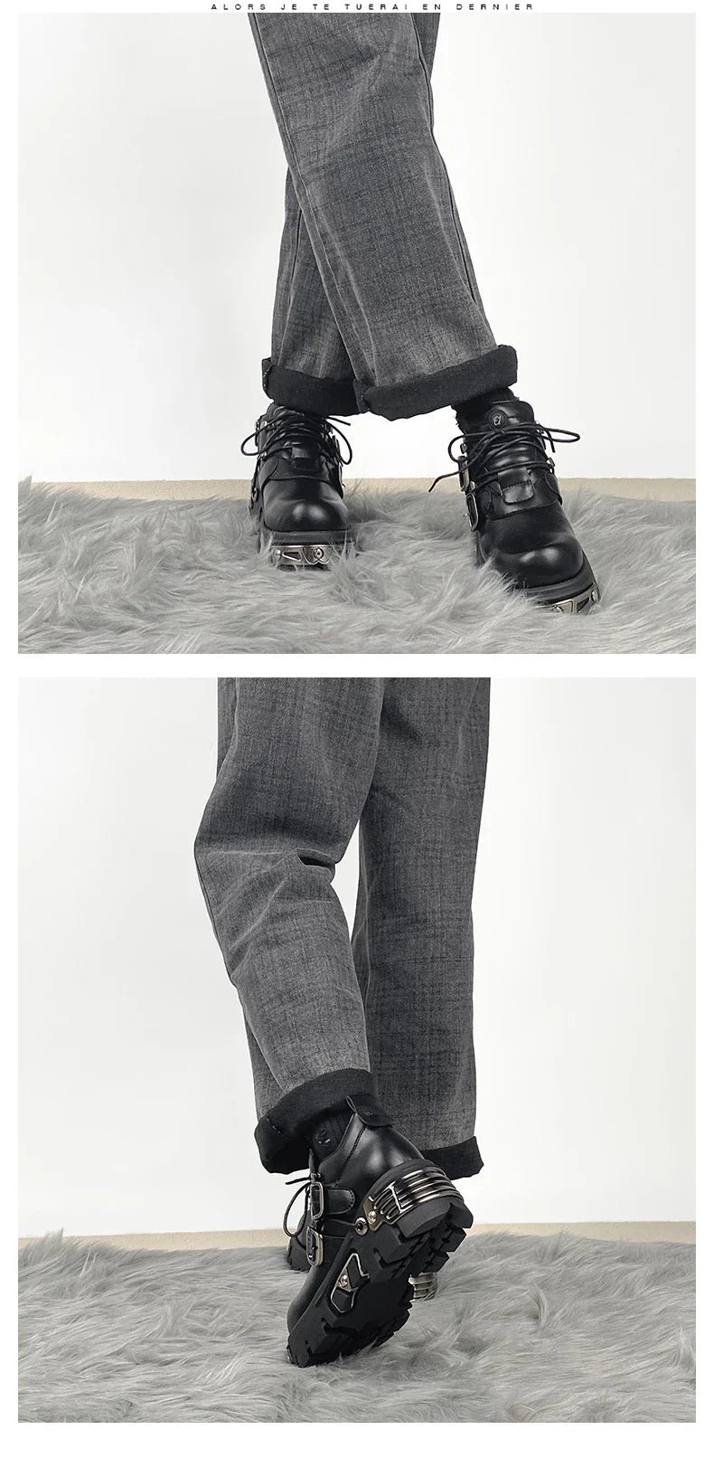 Dark punk style boots leather metal niche street style