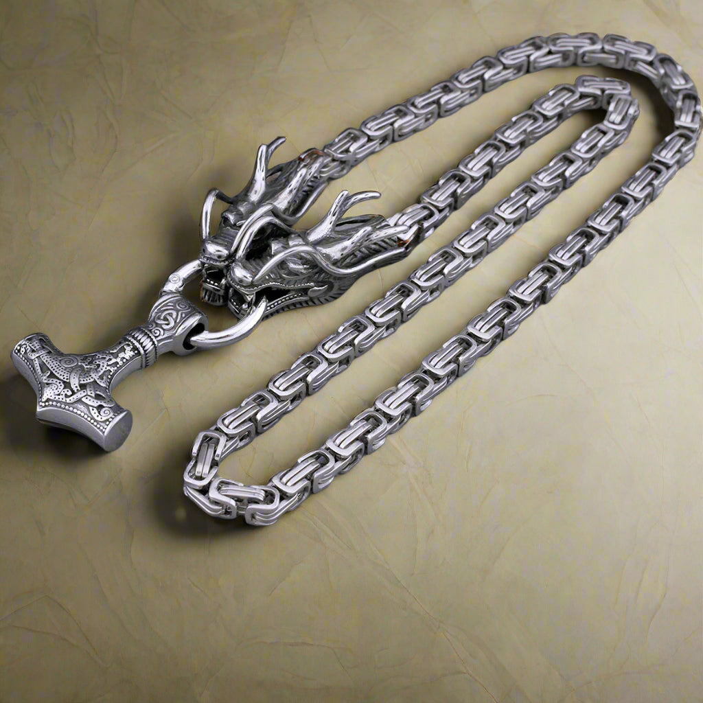 Vintage viking pendant  thor hammer amulet necklace steel dragon design