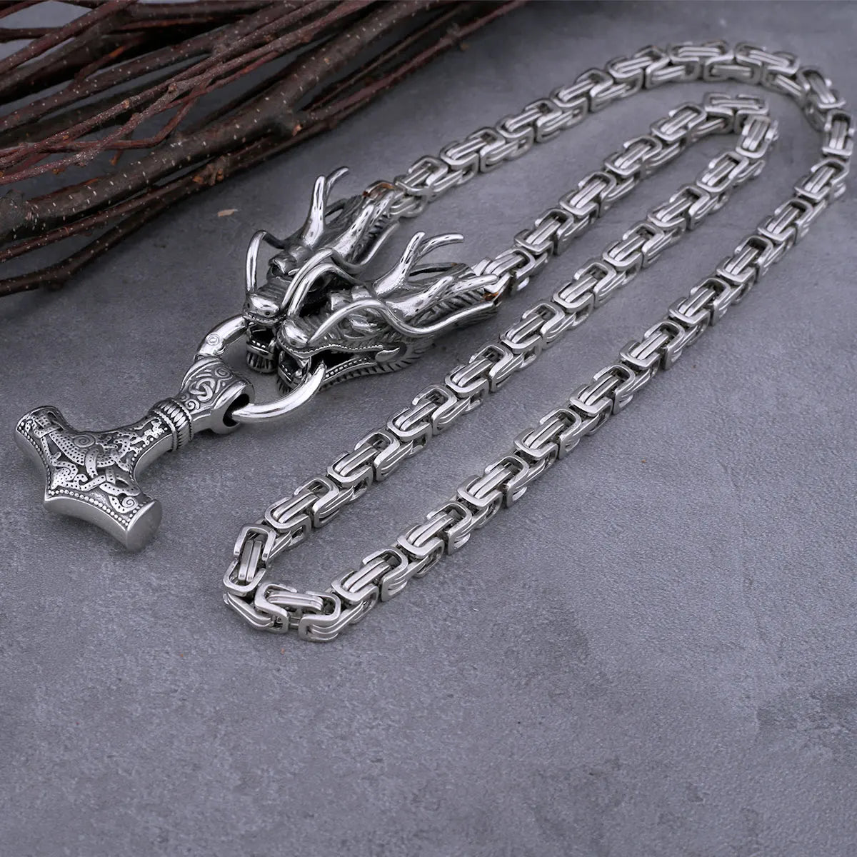 Vintage viking pendant  thor hammer amulet necklace steel dragon design