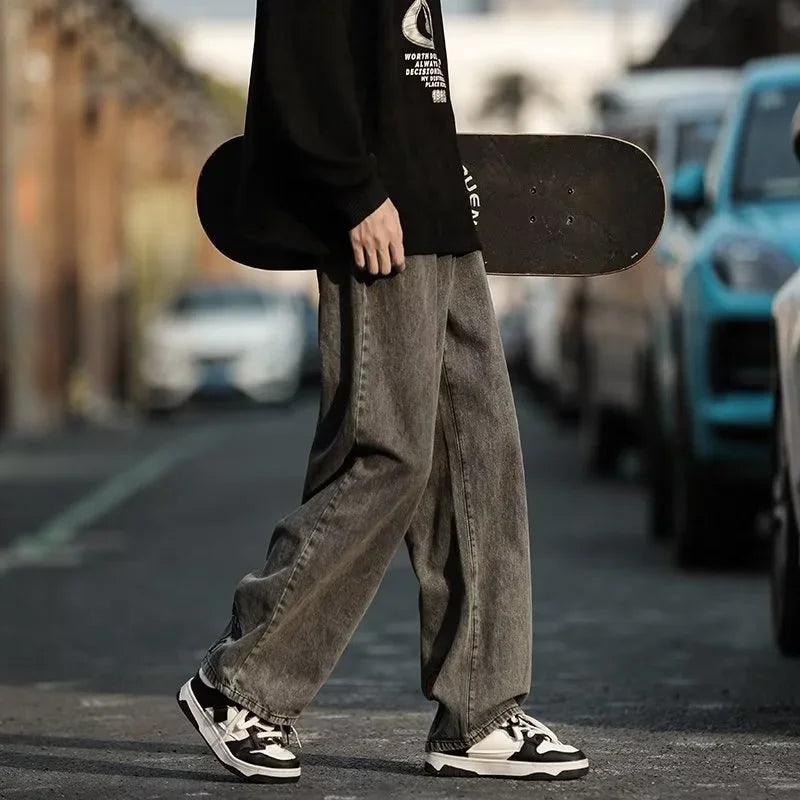 Flower baggy jeans streetwear casual denim wide-leg straight trousers