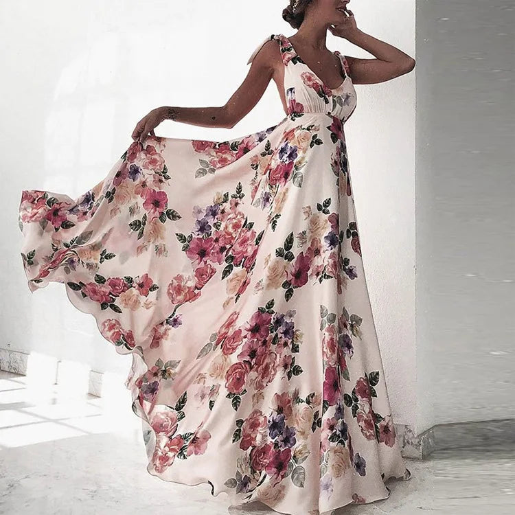 Backless women floral high waist large swing sleeveless long dresse