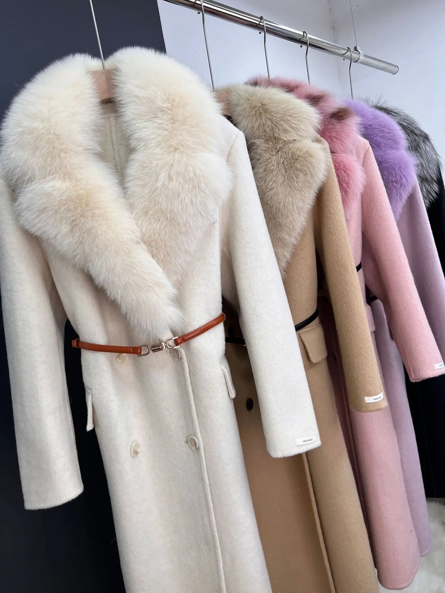 women's luxury wool coat  long patchwork design with detachable fox fur