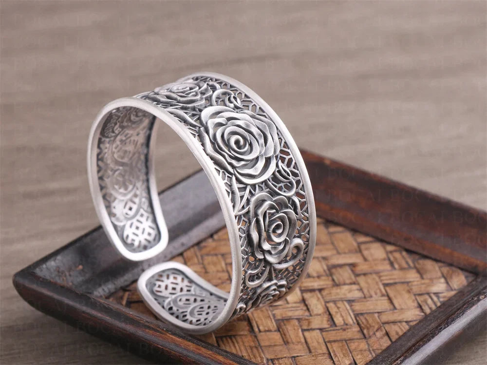 Handcrafted s999 sterling silver rose filigree bangle wide bracelet unique artisan design