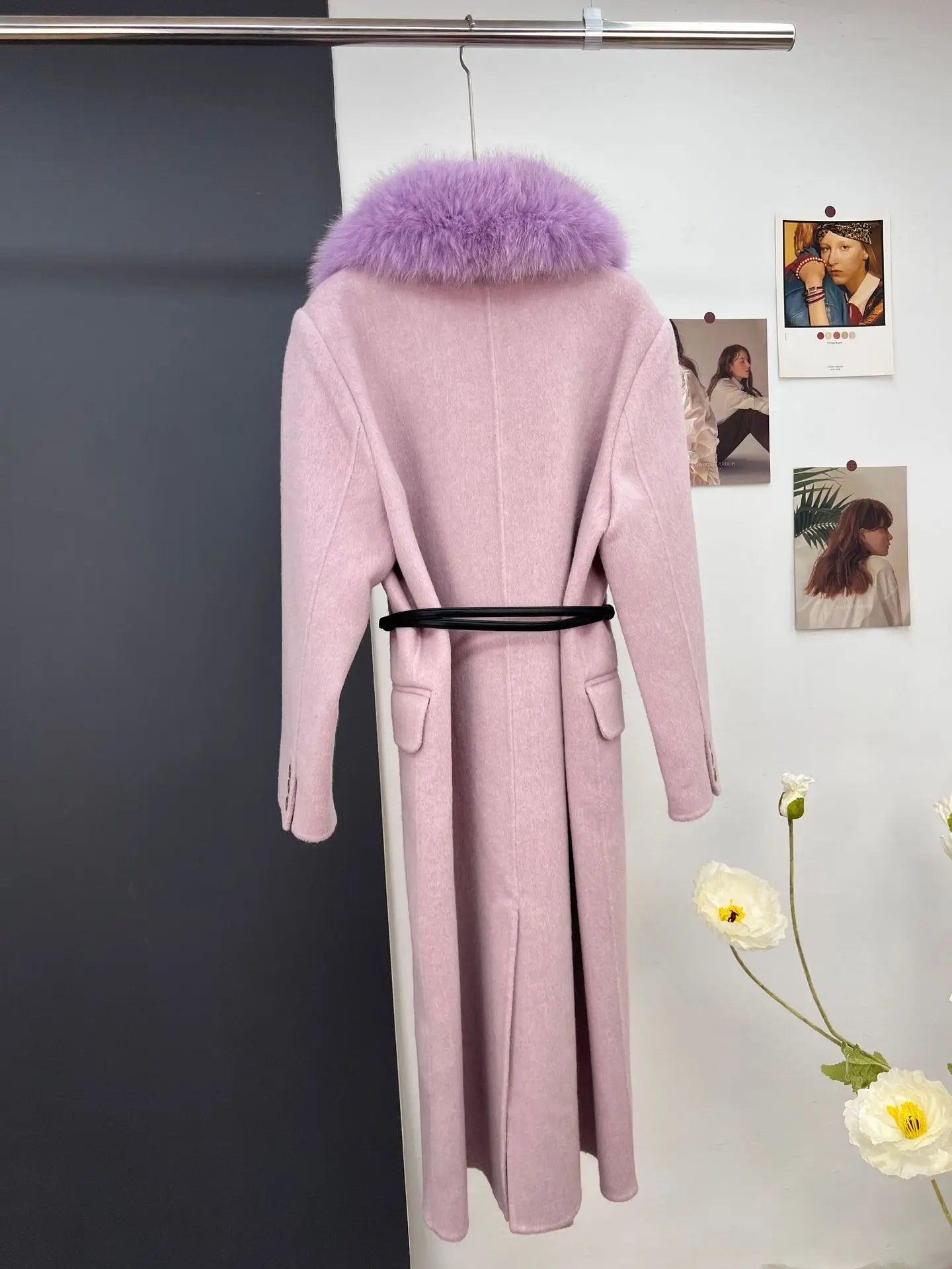 women's luxury wool coat  long patchwork design with detachable fox fur