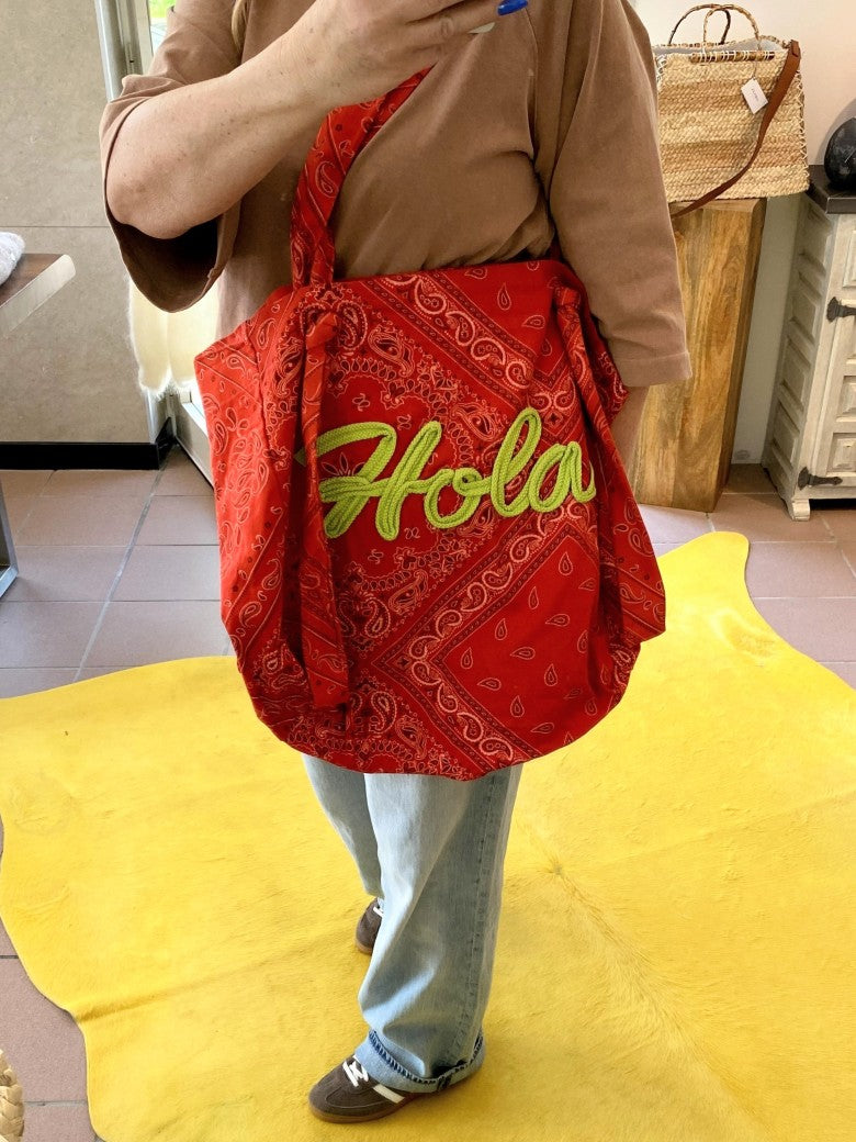 Shopping Bag LUMINA "Hola" in Paisley Orange Rot mit Neon Gelb, groß, aus Baumwolle