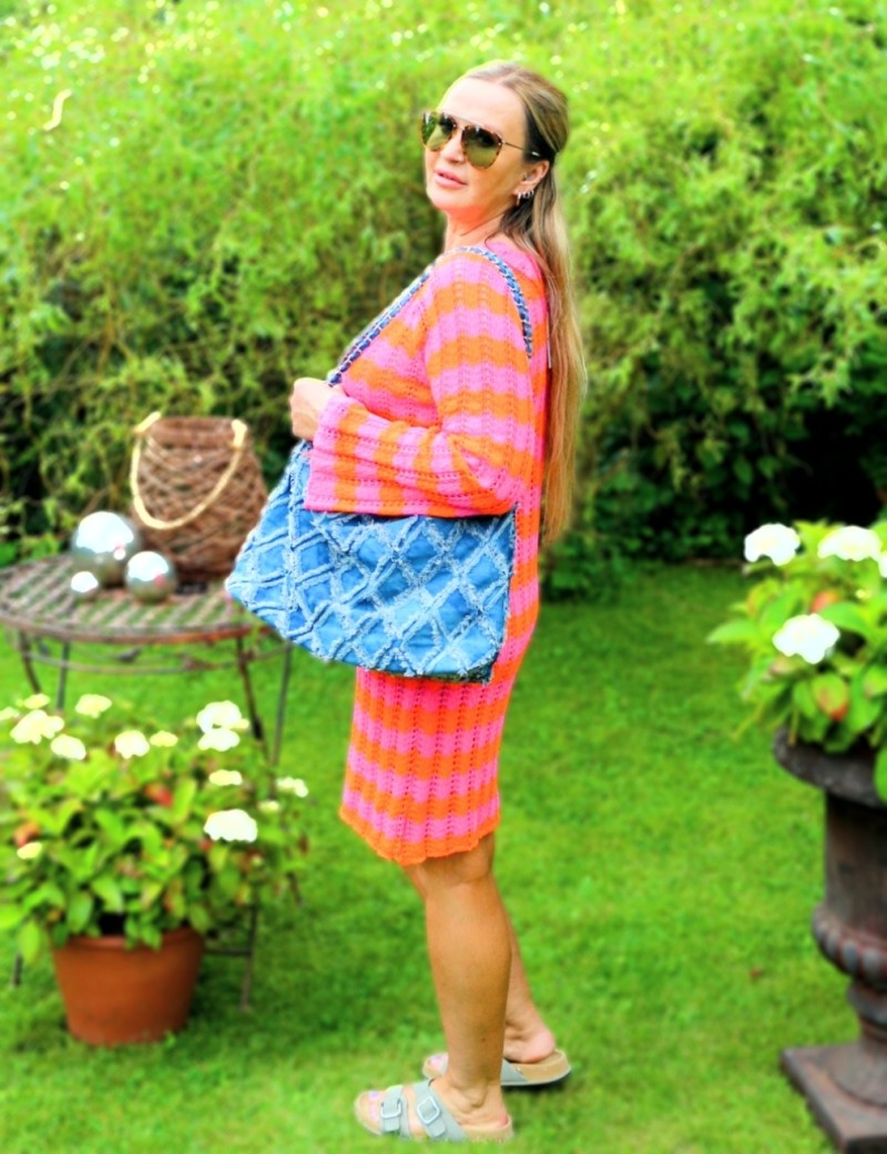 Strickkleid gestreift Orange Pink Baumwolle -One Size 3640