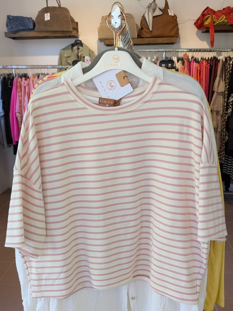 Sweatshirt Kurzarm gestreift Créme Rosa Baumwolle, One Size - von MOOIJ