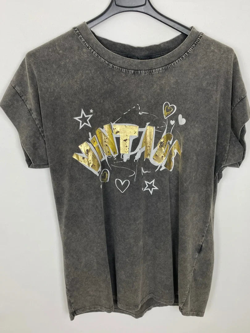 T-Shirt Vintage Anthrazit Gold 100% Baumwolle One Size