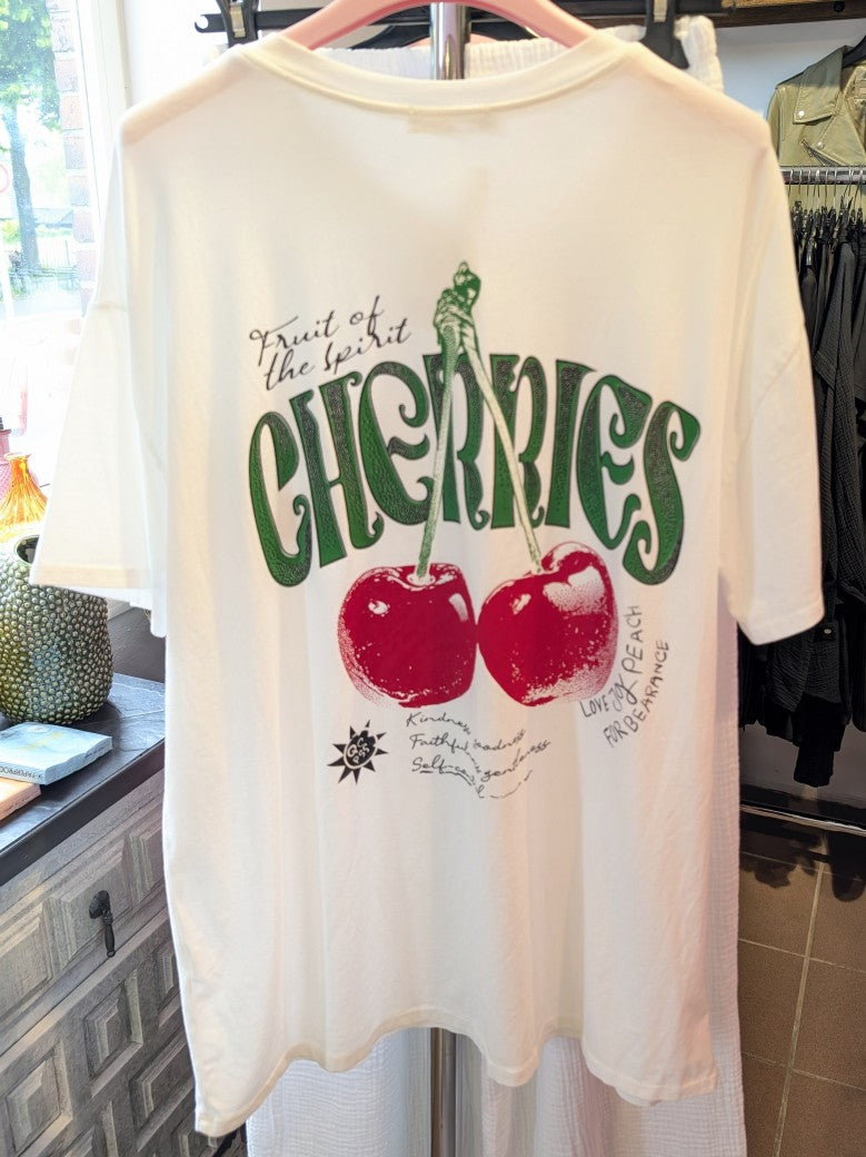 T-Shirt Fruit of the Spirit Cherries Weiß Rot Grün Backprint Baumwolle, One Size 2857