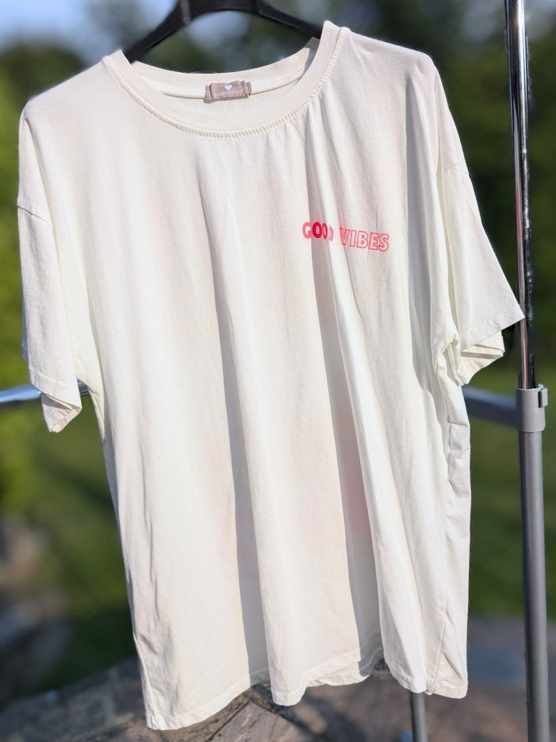 T-Shirt Good Vibes Weiß Pink Orange Rot Backprint Baumwolle One Size