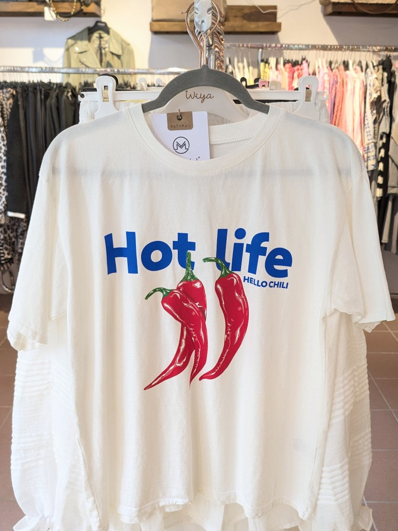 T-Shirt Hot Life Hello Chili Créme Rot Blau Baumwolle One SIze - von MOOIJ