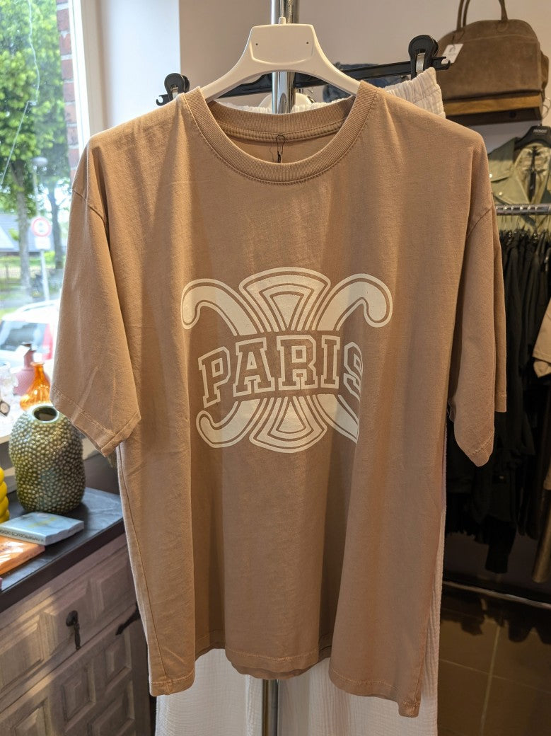 T-Shirt Paris Logo Celine Stil Beige/Altrosa Weiß Baumwolle, One Size G6030-140