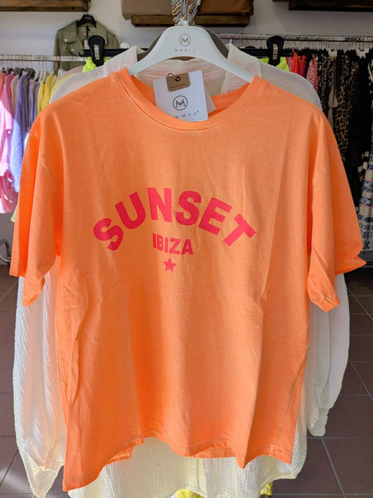 T-Shirt Sunset Ibiza in Neon Orange mit Neon Pink Baumwolle, One Size - von MOOIJ
