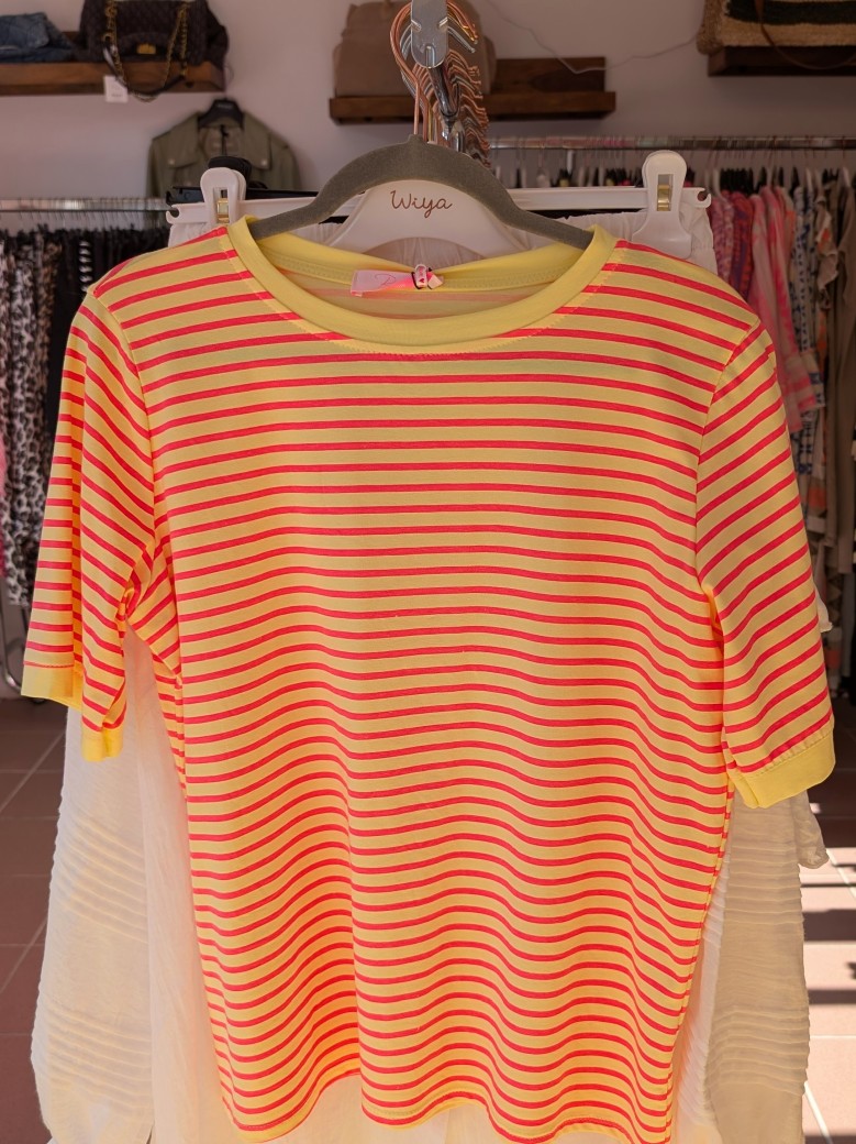 T-Shirt gestreift Gelb Neon Pink - Baumwolle, von BELIEVE