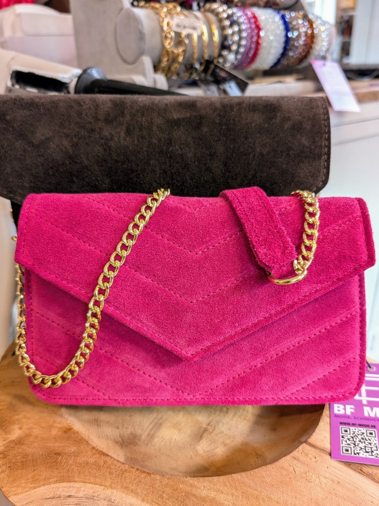 Tasche Envelope Clutch Wildleder Cross-Body Goldkette Chevron Muster Pink