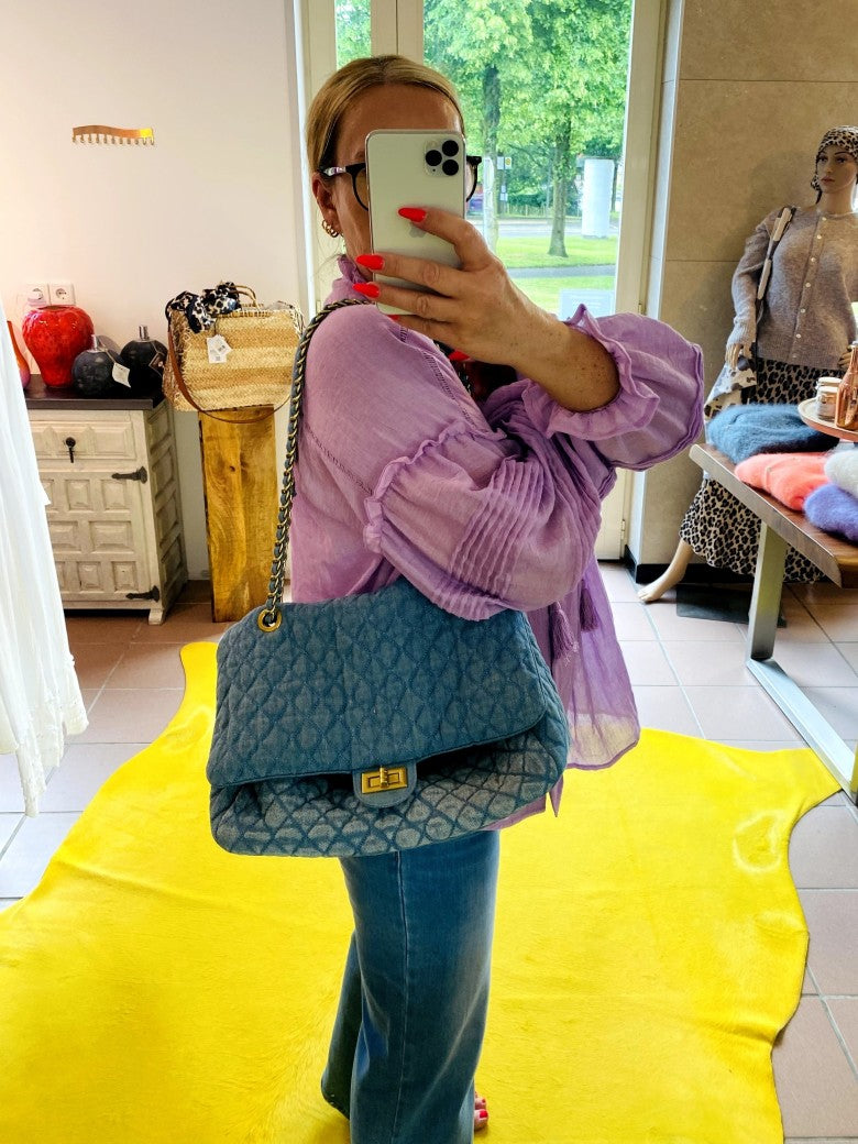 Tasche Jeanstasche im Chanel Stil mit Goldkette in Blau gesteppt Cross-Body PH4059