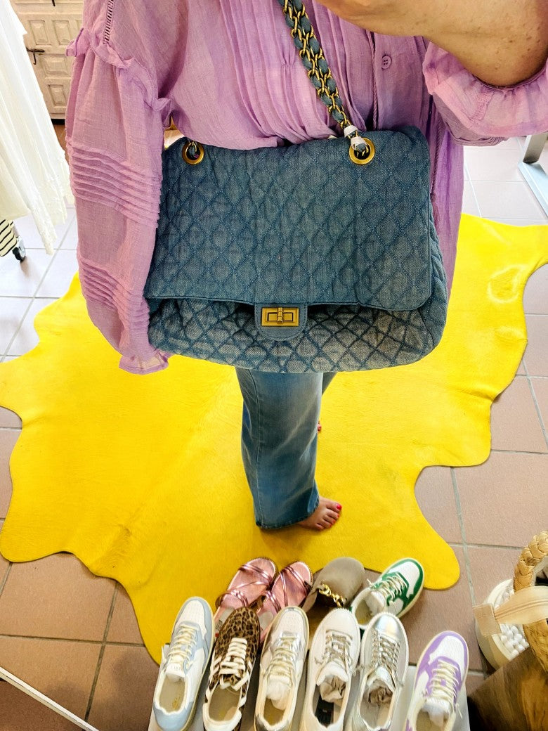 Tasche Jeanstasche im Chanel Stil mit Goldkette in Blau gesteppt Cross-Body PH4059