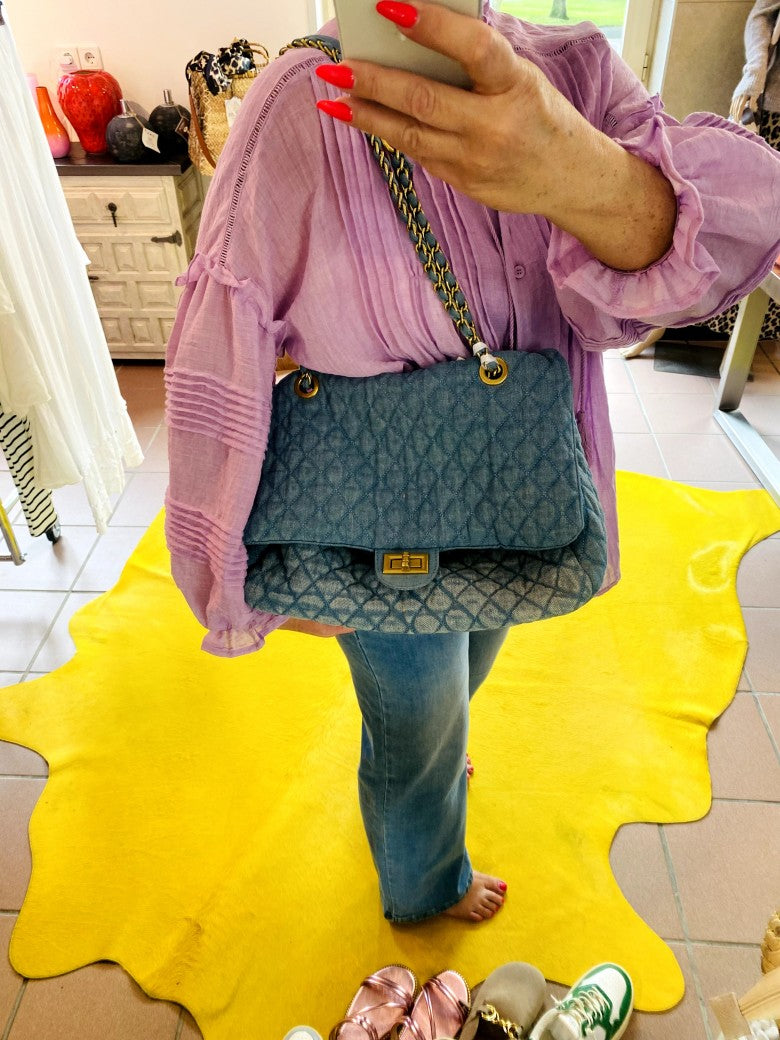 Tasche Jeanstasche im Chanel Stil mit Goldkette in Blau gesteppt Cross-Body PH4059
