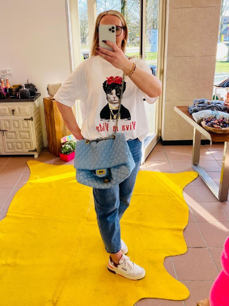 Tasche Jeanstasche im Chanel Stil mit Goldkette in Hellblau gesteppt Cross-Body PH4059