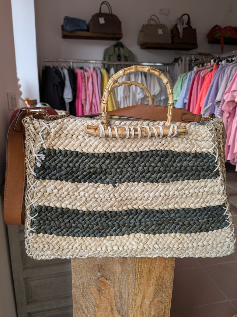 Tasche "Bolso" aus Bast mit Leinen Innen, Cross-Body Umhängegurt, Reißverschluss, Bambusgriffe, Créme Khaki, F-B27069L SCH010