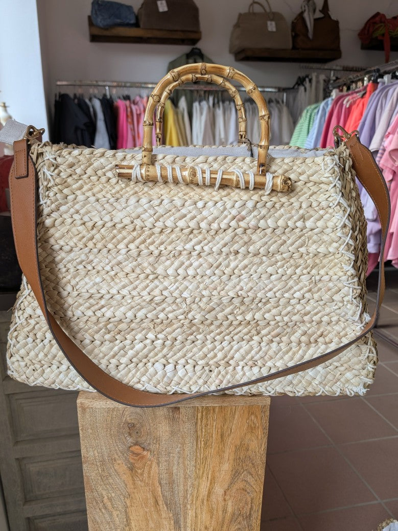 Tasche "Bolso" aus Bast mit Leinen Innen, Cross-Body Umhängegurt, Reißverschluss, Bambusgriffe, Créme Khaki, F-B27069L SCH010