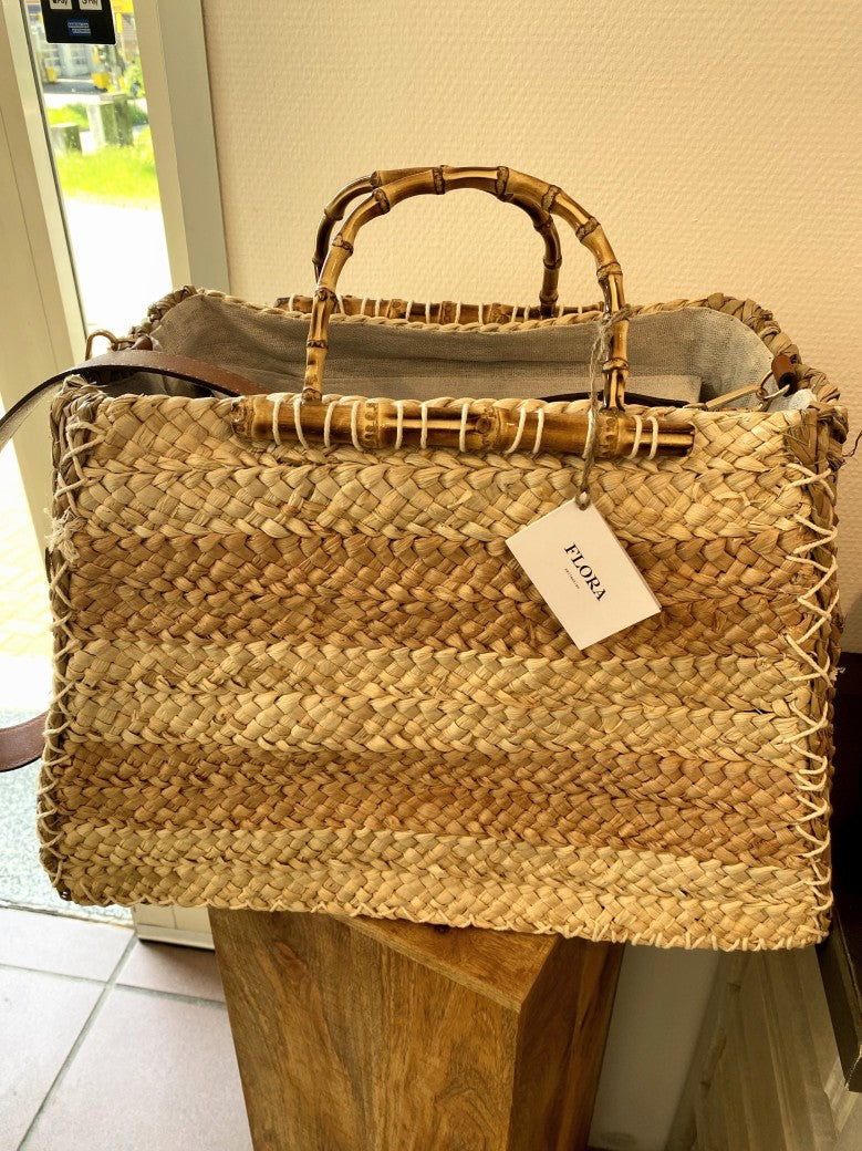 Tasche "Bolso" aus Bast mit Leinen Innen, Cross-Body Umhängegurt, Reißverschluss, Bambusgriffe, Créme Rosa, F-B27069L SCH010