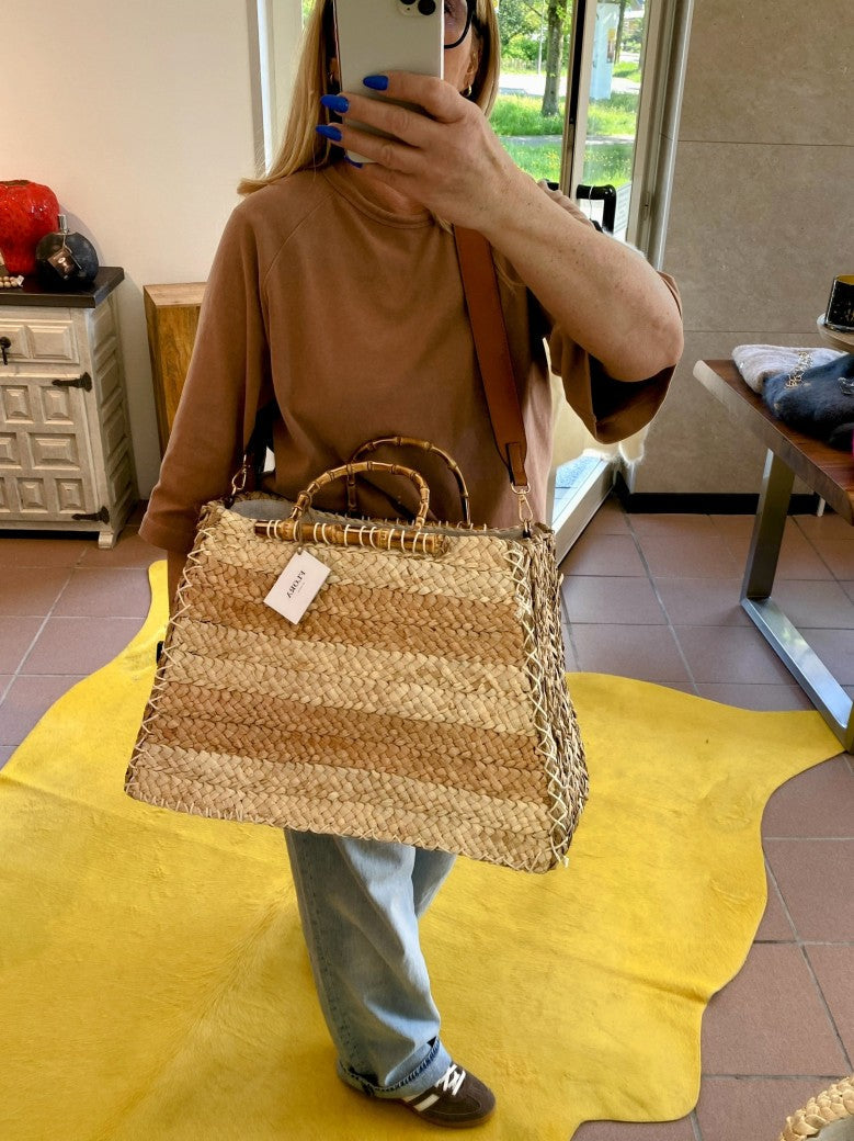 Tasche "Bolso" aus Bast mit Leinen Innen, Cross-Body Umhängegurt, Reißverschluss, Bambusgriffe, Créme Rosa, F-B27069L SCH010