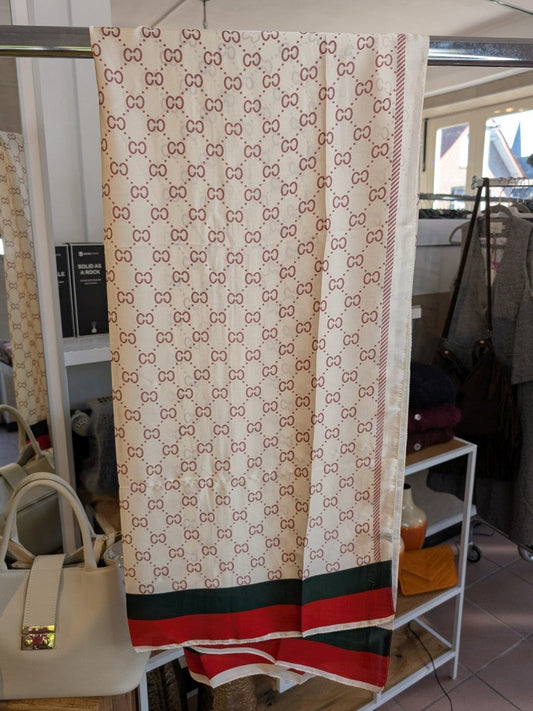 Tuch Gucci Stil rechteckig lang Créme Rot Rand Rot Grün Viskose Seide SJ668