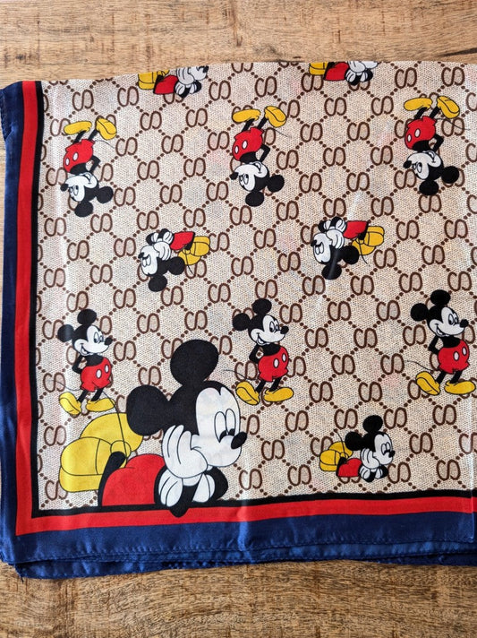 Tuch Gucci Stil Mickey Mouse Beige Braun Viskose Seide Rand Rot Blau Quadratisch JD224-117