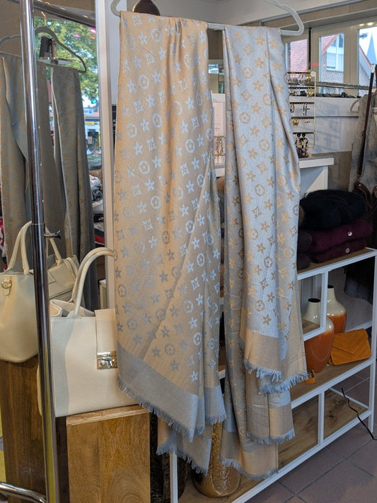 Tuch Wendetuch Louis Vuitton Stil Gold Türkis mit Fransen 100% Viskose STN241-63