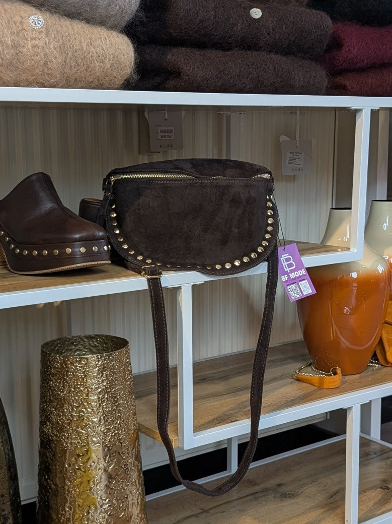 Wildleder Bauchtasche L Coffee Braun Goldnieten 26x18,5x7cm mit Umhängegurt und RV