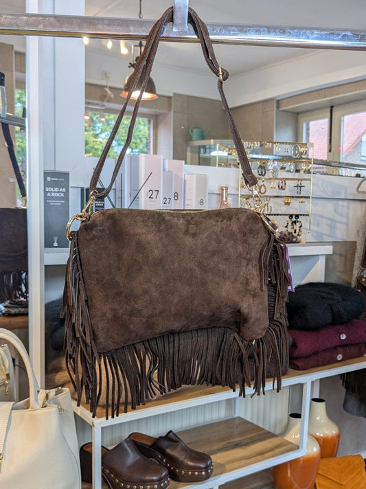 Wildleder Tasche mit Fransen Goldösen L Coffee Braun ca. 34cm x 24cm mit Schulterriemen und RV