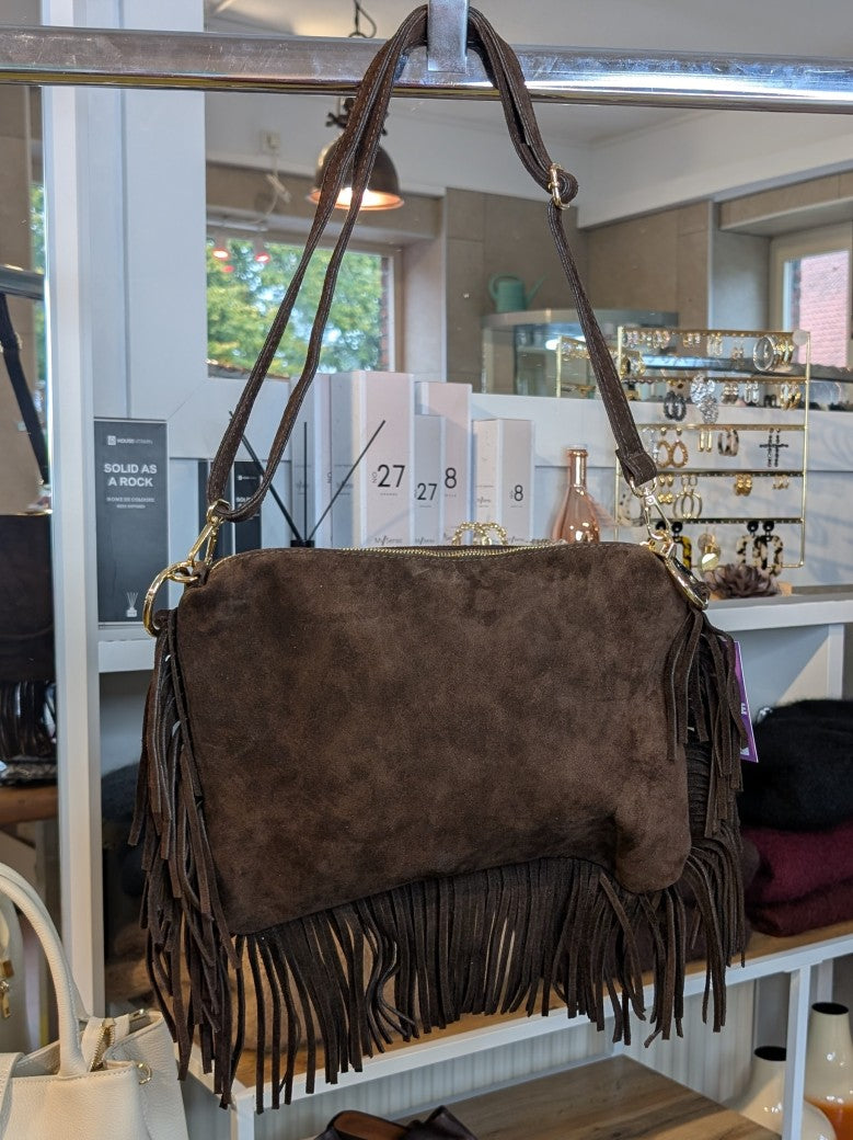 Wildleder Tasche mit Fransen Goldösen L Coffee Braun ca. 34cm x 24cm mit Schulterriemen und RV