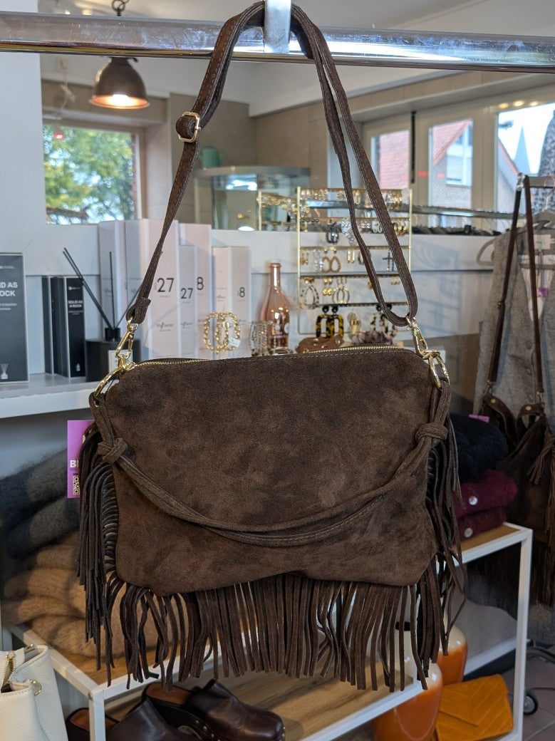 Wildleder Tasche mit Fransen Goldösen L Coffee Braun ca. 34cm x 24cm mit Schulterriemen und RV