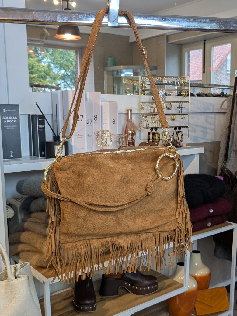 Wildleder Tasche mit Fransen Goldösen L Cognac ca. 34cm x 24cm mit Schulterriemen und RV